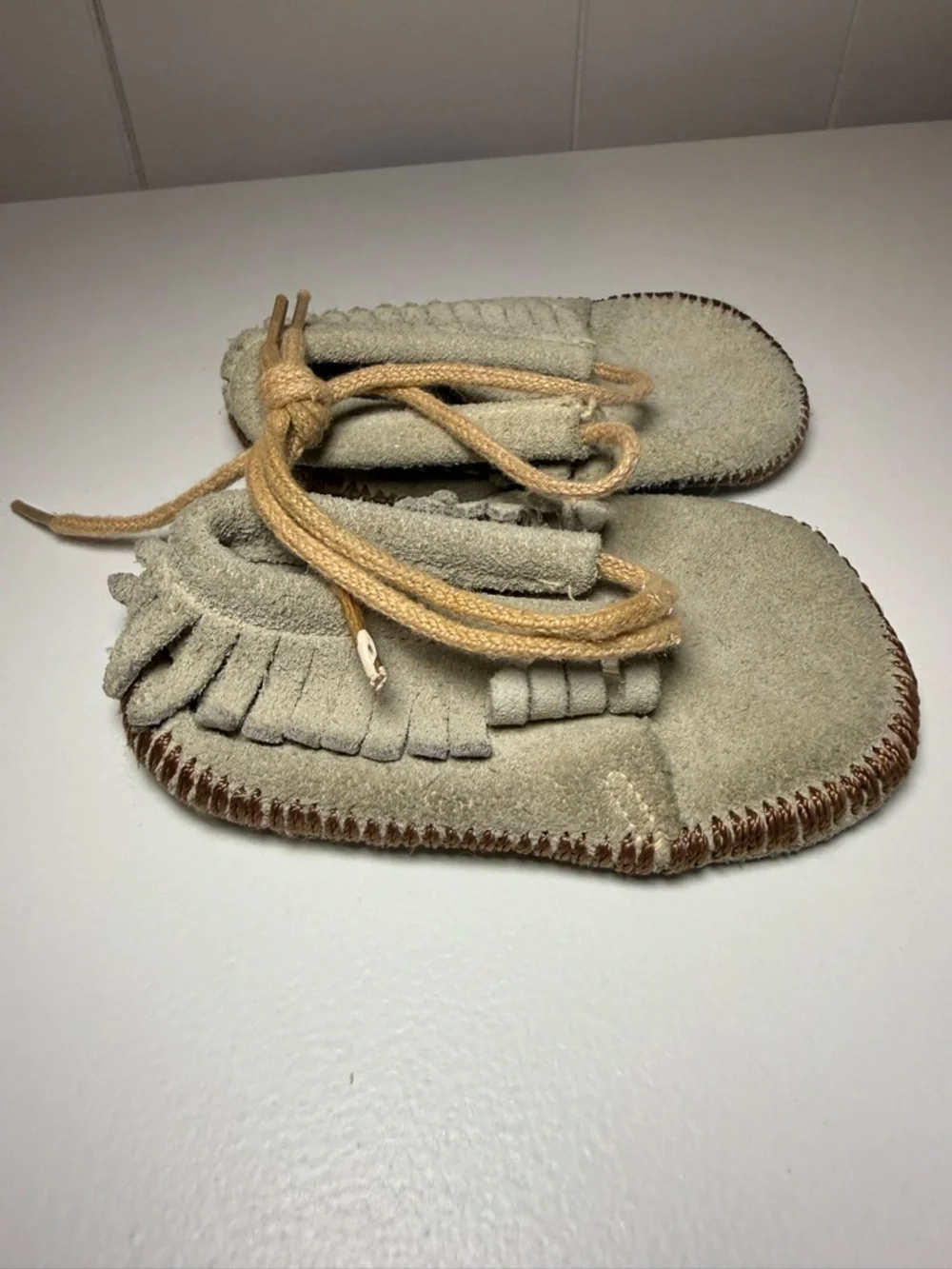 Vintage Baby Soft Suede Fringe Moccasins in Light Beige